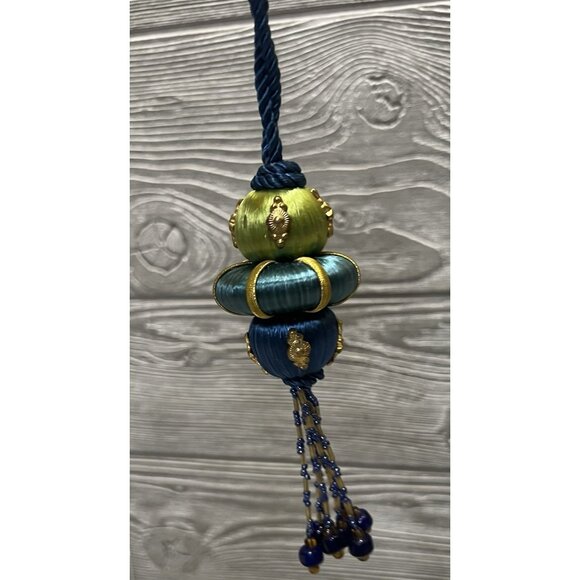 Vintage Christmas Threaded Beaded Tassel  5” Ornament Unique Blue Green Gold - Picture 2 of 8